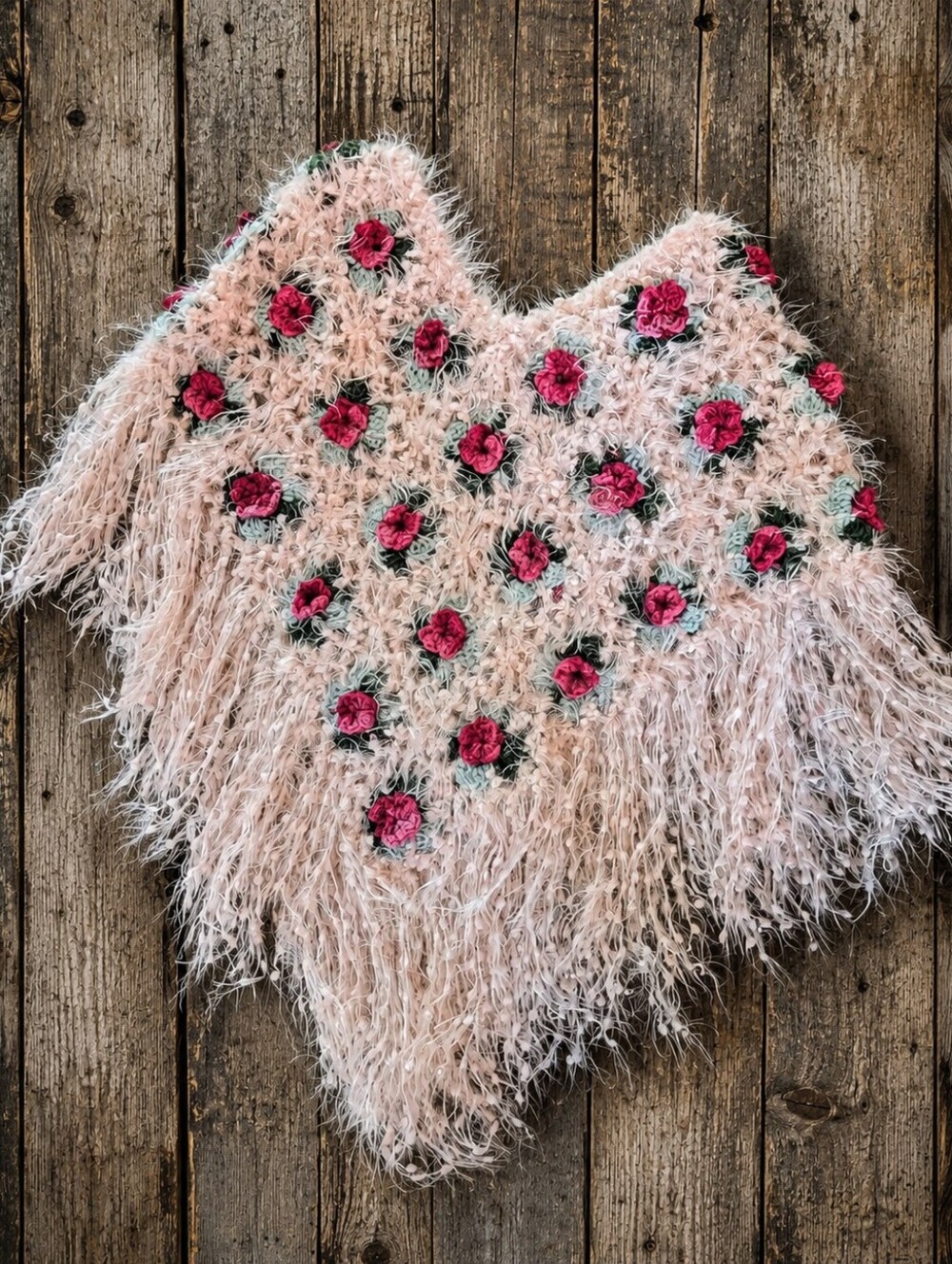 Fuzzy‎ Fairy Pink Floral Crochet Poncho with Fringe